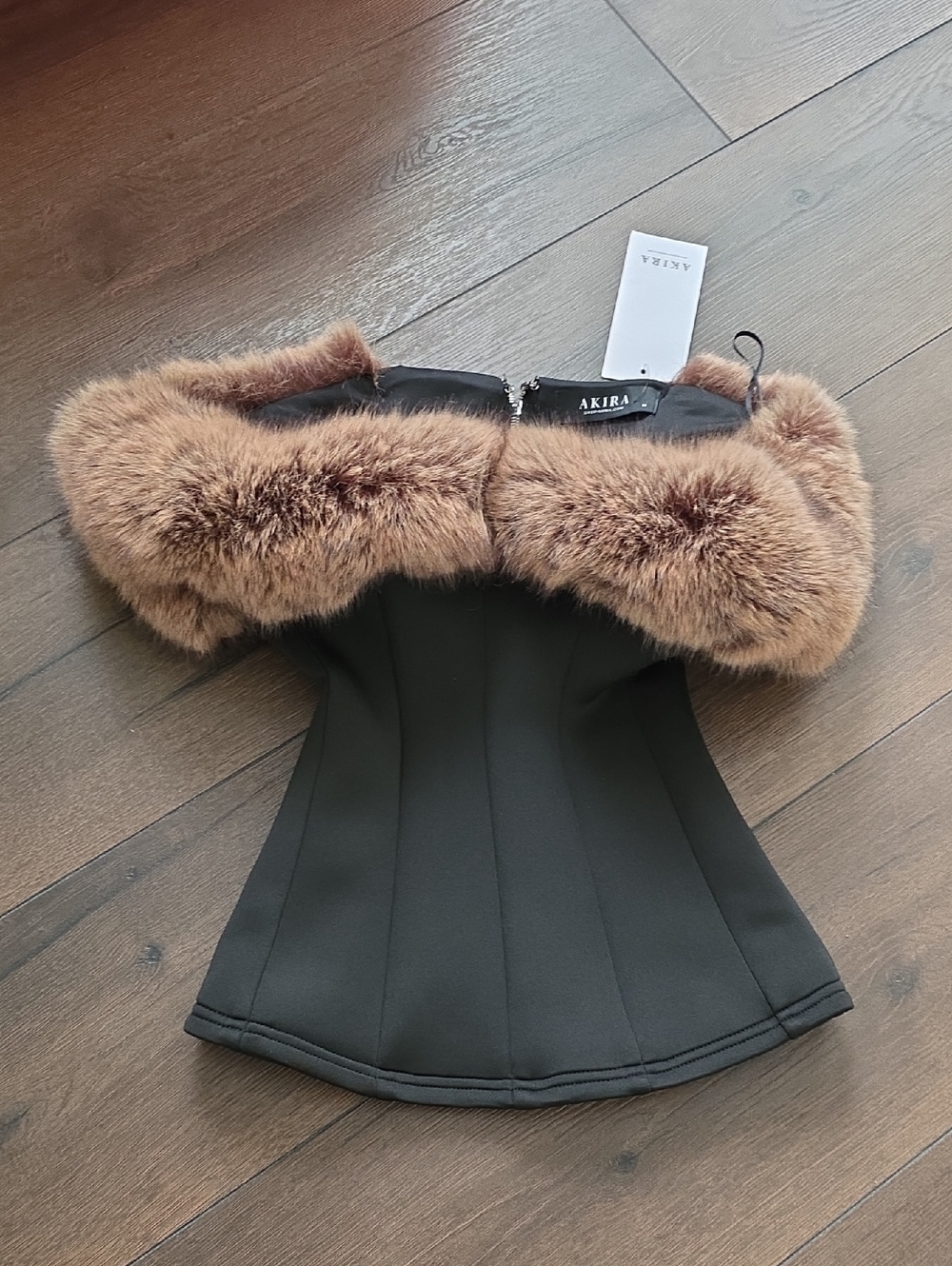 AKIRA Black Strapless Corset Top with Brown Faux Fur Trim